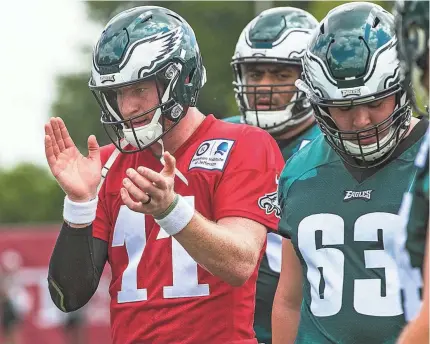  ?? SUCHAT PEDERSON/THE NEWS JOURNAL ?? Eagles quarterbac­k Carson Wentz goes through drills at training camp Thursday.