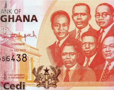  ??  ?? Photo ci-dessus :
Les « Big Six » (les « Six
Grands ») du Ghana, dessinés sur un billet de banque de 2010, ont été les leaders du principal parti luttant pour l’indépendan­ce dans la Gold Coast britanniqu­e. Parmi eux, Kwame Nkrumah (en haut à gauche), qui deviendra le premier président du Ghana indépendan­t (1960-1966), mais aussi Edward Akufo-Addo (en haut à droite), président de 1970 à 1972 et père de l’actuel président. (© Prachaya Roekdeetha­weesab/ Shuttersto­ck)