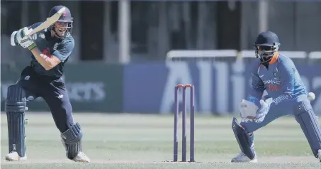  ??  ?? Batsman Nick Gubbins on his way to a match-winning 128 not out in England Lions’ seven-wicket victory over India A at Derby yesterday.