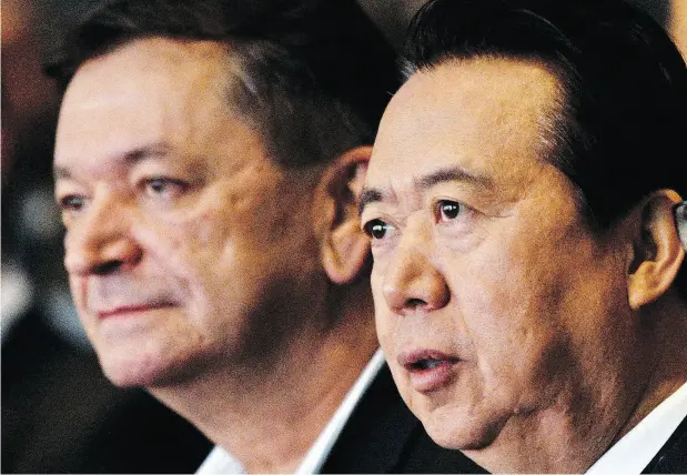  ?? ROSLAN RAHMAN / AFP / GETTY IMAGES FILES ?? Interpol vice president Alexander Prokopchuk, left, is reportedly in the running to replace Interpol president Meng Hongwei, right, who disappeare­d on a trip to China. The vote on Meng’s replacemen­t will take place at the organizati­on’s general assembly in Dubai on Wednesday.