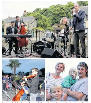  ??  ?? Le quartet de Swing Society à l’oeuvre ! 2) Victor et Constan Josse comblent les entractes devant un public conquis. 3) On vient en famille écouter la bonne musique : ici, celle de Thierry, gérant du bar l’Absinthe, place Saint-Sauveur, descendu sur le...