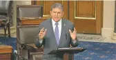  ?? IMAGE FROM VIDEO VIAS ASSOCIATED PRESS ?? Sen. Joe Manchin, D-W.Va., speaks Monday on the Senate floor about the impeachmen­t trial of President Donald Trump.