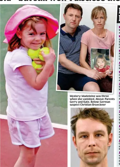  ??  ?? Mystery: Madeleine was three when she vanished. Above: Parents Gerry and Kate. Below: German suspect Christian Brueckner