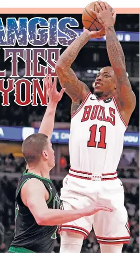  ?? / AP PHOTO ?? ■ JUMPSHOT: Mi-jumpshot si Chicago Bulls forward DeMar DeRozan (11) batok ni Payton Pritchard sa Boston Celtics sa usa sa mga aksyon sa NBA ning Dominggo, Marso 24, 2024 (PH time).