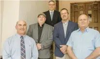  ?? JANE THERESE/SPECIAL TO THE MORNING CALL ?? Joe McIntyre, left, Troy Handlovic, Mark Cesari, top, Phil Racciato, who accepts for his son Mikey who passed away and John Handlovic, right, were inducted to the District 11 Wrestling Hall of Fame Sunday, April 14, 2024, at the Steel Club in Hellertown.