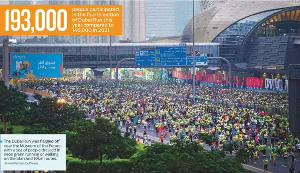  ?? Ahmed Ramzan/Gulf News ?? The Dubai Run was flagged off near the Museum of the Future, with a sea of people dressed in neon green running or walking on the 5km and 10km routes.