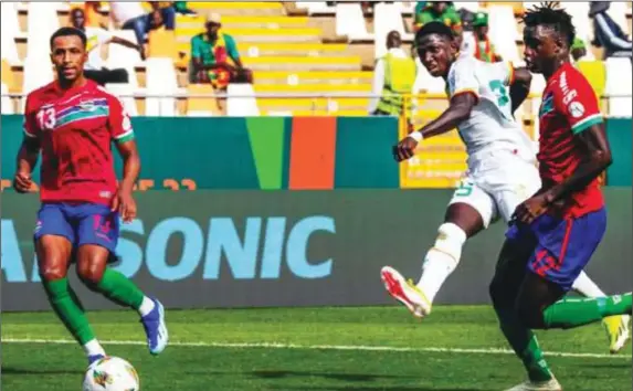  ?? ?? Lamine Camara (centre) scored brace as Senegal defeated The Gambia 3-0 in at the ongoing 2023 AFCON in Côte d'Ivoire...yesterday