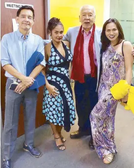  ??  ?? (From left) The author, Sue Prado, sir Tony Mabesa and Issa Litton at Joel Lamangan’s Rainbow’s Sunset premiere in December 2018.