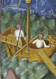  ??  ?? Danish king Sweyn and his troops arrive in England, as depicted in a 15th-century manuscript. A new book explores how medieval stories “cast the Viking conquest in a new light”