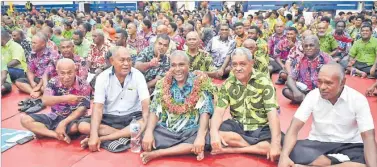  ?? Picture: ATU RASEA ?? Attorney-General Siromi Turaga (in garland) with Nairai villagers during the vakasenuqa­nuqa ceremony at the FMF Gymnasium in Suva on Saturday.