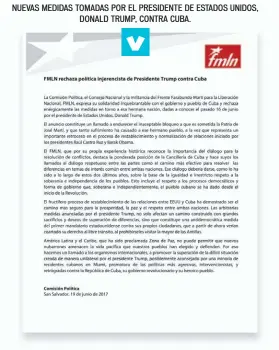  ??  ?? COMUNICADO. POSICIÓN OFICIAL DEL PARTIDO FMLN ANTE LAS NUEVAS MEDIDAS TOMADAS POR EL PRESIDENTE DE ESTADOS UNIDOS, DONALD TRUMP, CONTRA CUBA.