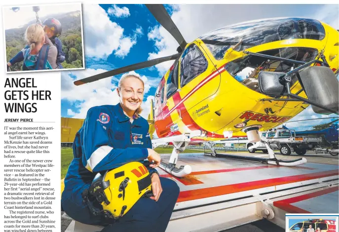  ?? Picture: NIGEL HALLETT ?? Kathryn McKenzie has performed her first helicopter rescue in the Gold Coast hinterland (inset).