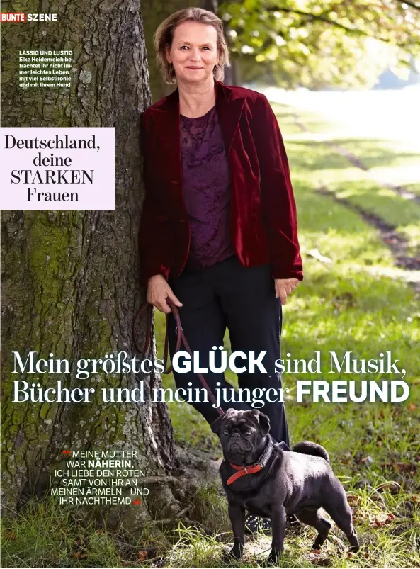  ??  ?? SZENE
LÄSSIG UND LUSTIG Elke Heidenreic­h betrachtet ihr nicht immer leichtes Leben mit viel Selbstiron­ie – und mit ihrem Hund