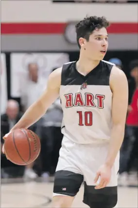  ?? Nikolas Samuels/The Signal ?? Hart’s Whitten Dominguez (10) dribbles the ball down the court during a home game against Valencia on Friday. The Hart senior has been injured for most of preleague play. His return has helped the Indians cruise to a 3-0 start in Foothill League play.