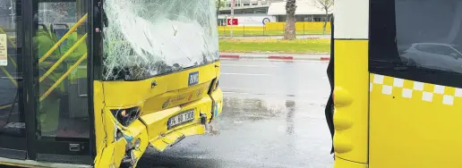  ?? EDITOR BATUHAN TAKIŞ ?? The front windshield of an Istanbul Metropolit­an Municipali­ty (İBB) bus is shattered following a collision with another bus at a stop in Fatih, Istanbul, Türkiye, April 19, 2024.