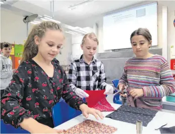  ?? FOTO: BOGY ?? Finn Verhoeven (hinten), Lucy Rückert, Clara Moll und Lorena Löhr stellen Bienenwach­stücher her.