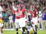  ?? AP Photo/Vasha Hunt ?? ■ Alabama linebacker Will Anderson Jr. (31) celebrates a defensive stop Saturday against LSU during the first half of an NCAA college football gamein Tuscaloosa, Ala.