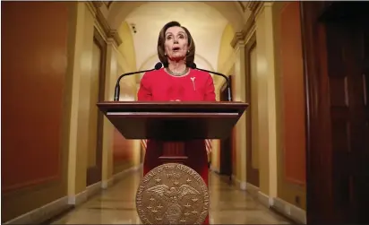  ?? ANDREW HARNIK — THE ASSOCIATED PRESS ?? House Speaker Nancy Pelosi speaks outside her office on Capitol Hill on Monday.