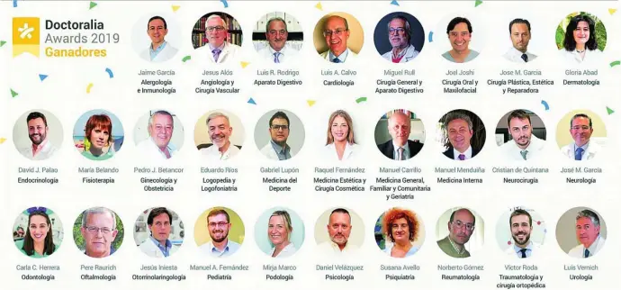  ??  ?? En la imagen, los profesiona­les sanitarios más valorados del país por los pacientes. A ellos se les ha concedido los Doctoralia Awards 2019