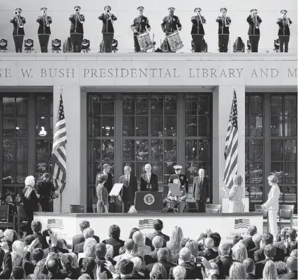  ?? KEVORK DJANSEZIAN / GETTY IMAGES ?? Barack Obama and four former U.S. presidents attend the opening of the George W. Bush presidenti­al library in Dallas last week.