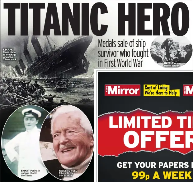  ?? ?? ESCAPE Frank clung to wreckage when the Titanic sank
SMART Posing in uniform aboard the Titanic
TALES TO TELL Talking to the BBC in 1979