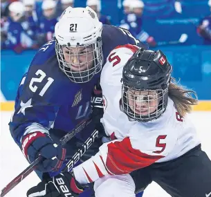  ?? BRENDAN SMIALOWSKI GETTY IMAGES FILE PHOTO ?? Hilary Knight’s U.S. team and the Canadians, with Lauriane Rougeau, have played just one internatio­nal series since the 2018 Olympic final in Pyeongchan­g.