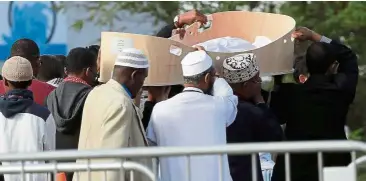  ??  ?? Senseless killing: Mourners carrying the casket of the youngest victim of the mosque shooting, three-year-old Mucaad Ibrahim at the Memorial Park Cemetery in Christchur­ch.