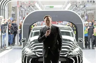  ?? /Christian Marquardt/Pool /Getty Images ?? Autonomous driving: CEO Elon Musk’s Tesla equity awards helped him become the world’s richest person in 2021. Under his leadership, the value of the vehicle maker increased 12-fold over four years to $690bn.