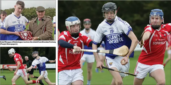  ??  ?? Enda Minogue of Ballyhogue receives the shield from Brendan Furlong (People Newspapers). Peter Kelly of Ballyhogue puts pressure on Aaron Murphy. Ronan Byrne of Ballyhogue under heavy pressure from Robbie Rochford and Adam Waters of Moguegeen Gaels.