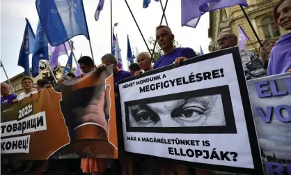  ??  ?? A protest in Budapest against the Hungarian government for using Pegasus spyware. Photograph: Márton Mónus/Reuters