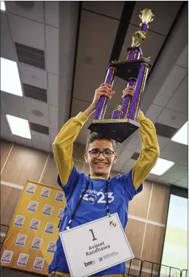  ?? PHOTOS BY ANJALI SHARIF-PAUL — STAFF PHOTOGRAPH­ER ?? Corona-Norco Unified School District eighth-grader Avijeet Randhawa wins first place in the 46th Annual Riverside County Spelling Bee for the second year in a row on Thursday.