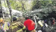  ?? JOHN QUINN VIA AP ?? First responders assess the scene of an Amtrak passenger train that derailed Monday when it hit rocks that fell from a ledge in Northfield, Vt. Rock-slide fences that send warning signals are not used in Vermont, according to Transporta­tion Secretary...
