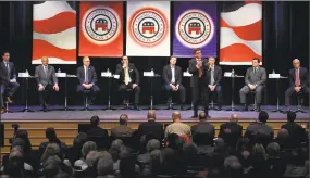  ?? Matthew Brown / Hearst Connecticu­t Media ?? Prasad Srinivasan, of Glastonbur­y, addresses a question during the Connecticu­t 4th District GOP Debate featuring candidates for governor at Saxe Middle School in New Canaan on Wednesday.