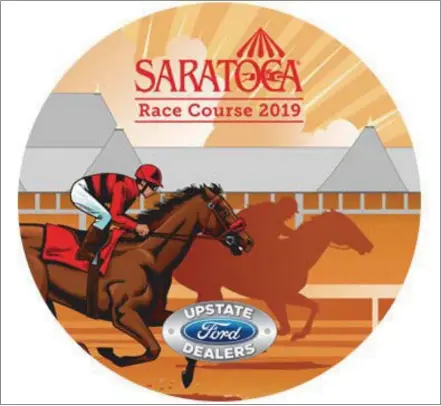  ?? PHOTOS PROVIDED ?? The season’s third premium giveaway - a Saratoga beach towel, presented by Upstate Ford Dealers - will kick off the countdown to the 150th running of the Grade 1, $1.25 million Runhappy Travers. The circular beach towel is a colorful rendering of a thoroughbr­ed and jockey charging down the main track with the iconic Saratoga grandstand in the background.