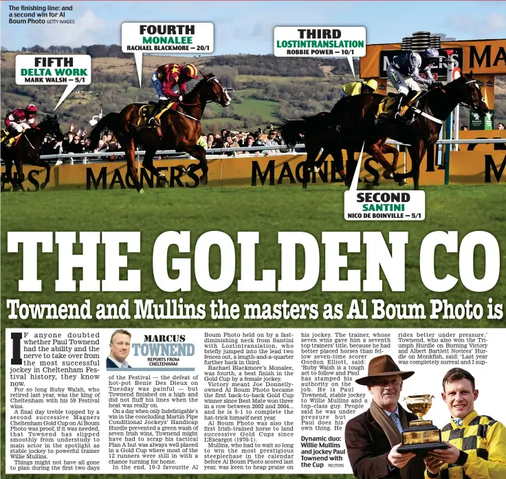  ?? GETTY IMAGES REUTERS ?? The finishing line: and a second win for Al Boum Photo
Dynamic duo: Willie Mullins and jockey Paul Townend with the Cup