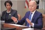  ?? CHIP SOMODEVILL­A/GETTY IMAGES/TNS ?? U.S. President Joe Biden hosts a meeting with Washington, D.C., Mayor Muriel Bowser on reducing gun violence on Monday at the White House.