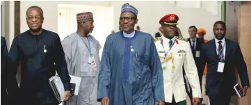  ??  ?? File photo shows Buhari (centre) arriving for the 30th Ordinary Session of the Assembly of the Heads of State and the Government of the African Union in Addis Ababa, Ethiopia – AFP photo