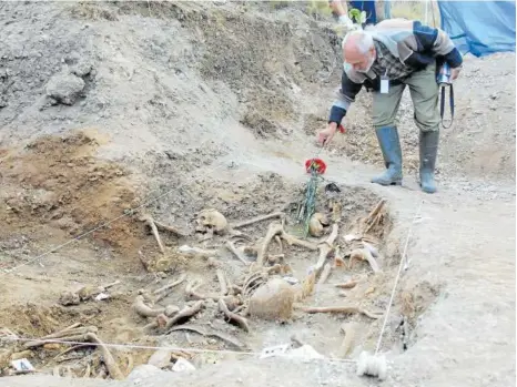  ??  ?? Uno de los voluntario­s de Aranzadi coloca unos claveles rojos en la fosa cuando se descubrió en 2005.