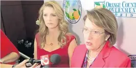  ?? STEPHEN HUDAK/ORLANDO SENTINEL ?? Barbara Poma, founder of onePULSE, and Mayor Teresa Jacobs talk to reporters.