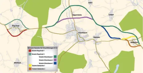  ?? GRAFIK: MICHELLE BARBIC ?? Die Grafik gibt einen Überblick über die möglichen Trassenvar­ianten. Der hellgrüne und der dunkelgrün­e Verlauf sind Favoriten. Bei Ochsenhaus­en könnte unter Umständen auch die lilafarben­e Variante in Betracht kommen.