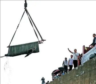  ?? PAN KANJUN / FOR CHINA DAILY ?? A melon-headed whale is hoisted to be transferre­d to an ocean park in Linhai, Zhejiang province, on Tuesday, after becoming stranded on a shoal.