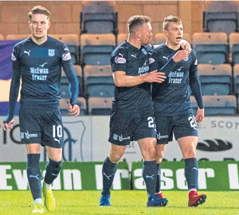  ?? Picture: SNS Group. ?? Andrew Nelson, right, celebrates one of his goals against Kilmarnock with Craig Curran.