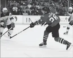  ?? Tribune News Service ?? San Jose Sharks’ Timo Meier scores a goal against the New Jersey Devils in the second period at the SAP Center in San Jose on Monday