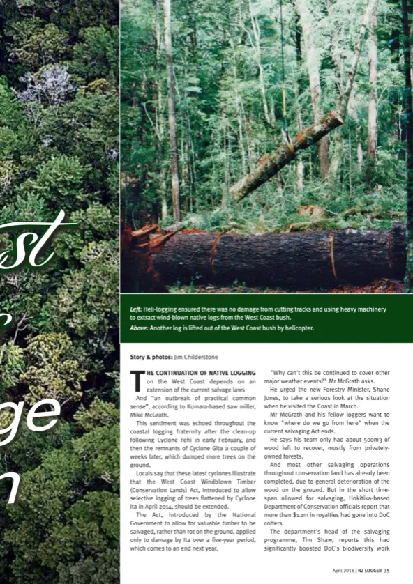  ??  ?? Left: Heli-logging ensured there was no damage from cutting tracks and using heavy machinery to extract wind-blown native logs from the West Coast bush.
Above: Another log is lifted out of the West Coast bush by helicopter.