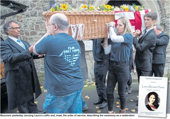  ??  ?? Mourners yesterday carrying Laura’s coffin and, inset, the order of service, describing the ceremony as a celebratio­n