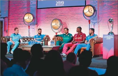  ?? (AFP) ?? (From left) Captains of teams contesting in the ICC Cricket World Cup - England’s Eoin Morgan, India’s Virat Kohli, Pakistan’s Sarfaraz Ahmed, West Indies’ Jason Holder and Afghanista­n’s Gulbadin Naib, during a press conference in London on Thursday.