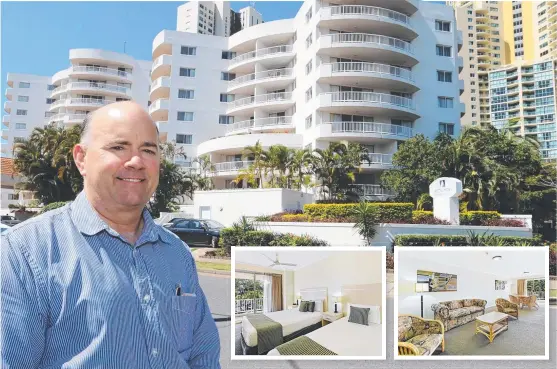  ?? Pictures: GLENN HAMPSON ?? Agent Glenn Shillig shows off the unit in the Alpha Sovereign Hotel at Surfers Paradise which is for sale for $98,000 – with a catch.