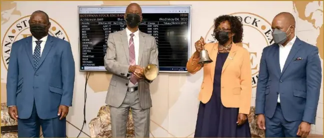  ?? ?? Launch of the BSE Investor Compensati­on Fund on 4th May, 2022 during the May 2022 Opening Bell Ceremony at the BSE Offices. (Left to Right) NBFIRA CEO, Mr. Oduetse Motshidisi, BSE Chairperso­n, Lt. Gen. Tebogo C. Masire, NBFIRA Chairperso­n, Ms. Motlalepul­a Kabomo and BSE CEO, Mr. Thapelo Tsheole