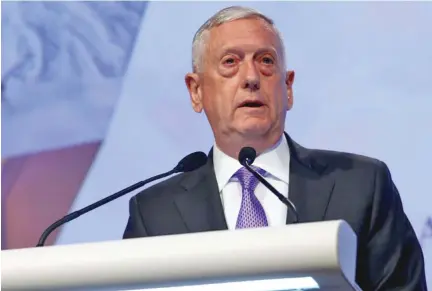  ?? Photo: Reuters ?? US Secretary of Defence James Mattis speaks at the 16th IISS Shangri-La Dialogue in Singapore.