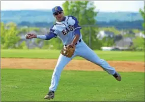  ?? PETE BANNAN — DIGITAL FIRST MEDIA ?? Downingtow­n East second baseman Mike Rodriguez makes an off-balance throw Monday afternoon.